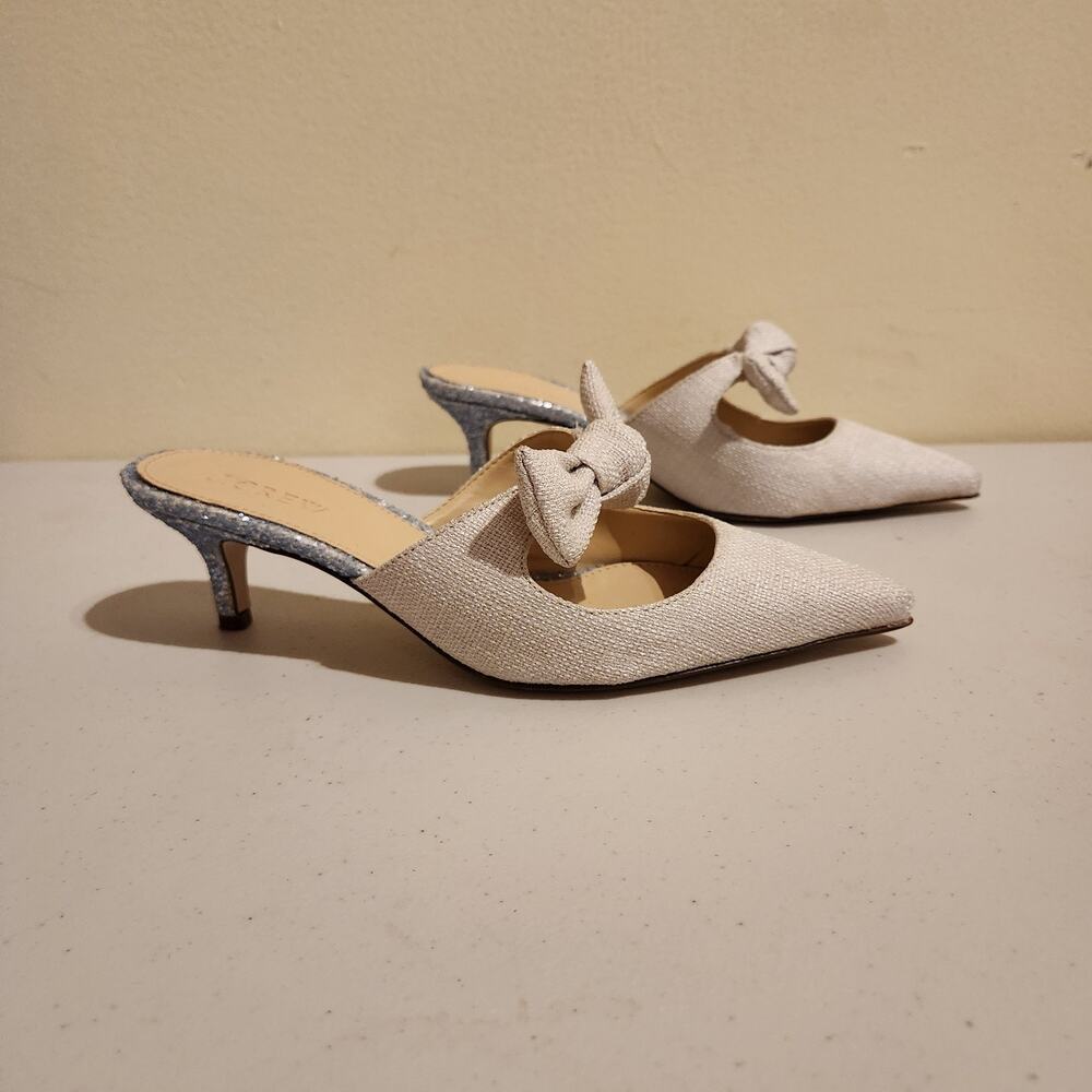 J. Crew Sophia Sz 6 Tan Linen Bow Tie Mule Kitten Heels Silver Glitter